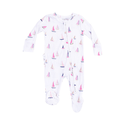 Sailboats Pink 2 Way Zipper Ruffle Back Footie